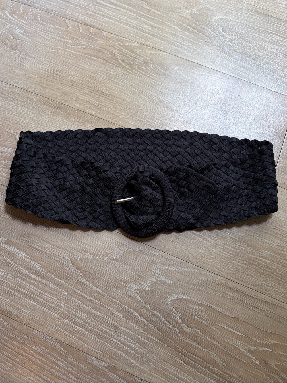 Black Woven Elastic Waist Belt with Round Buckle
